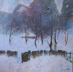My Winter Garden II - Landscape Oil Painting Colors Blue White Violet Brown Pale