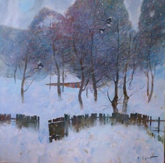 My Winter Garden II - Landschaft Ölgemälde in den Farben Blau Weiß Violett Braun Blase