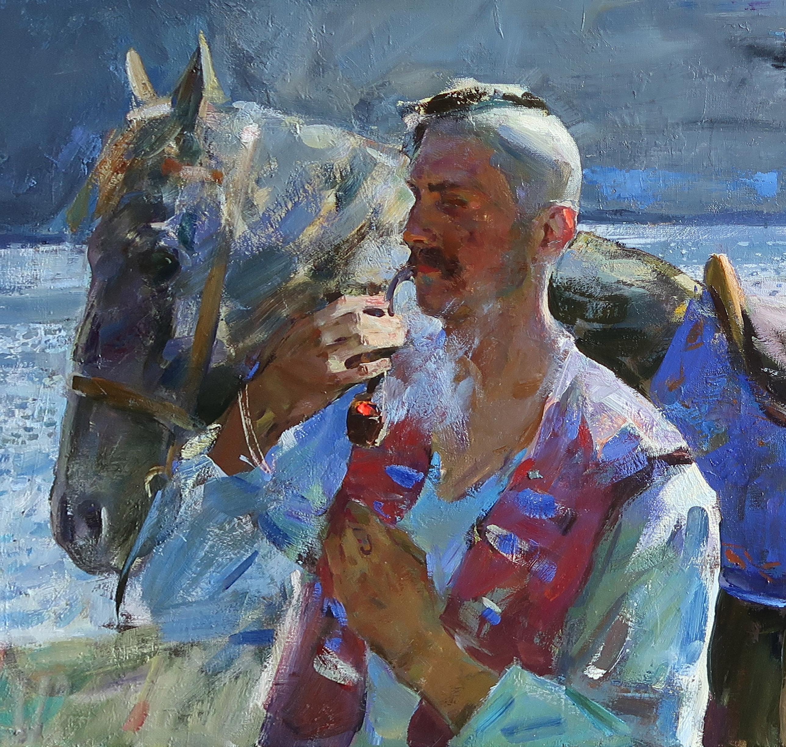 Stille über dem Fluss Dnjepr - Ölgemälde Grün Braun Blau Weiß Grau Rot – Painting von Sergei Kovalenko