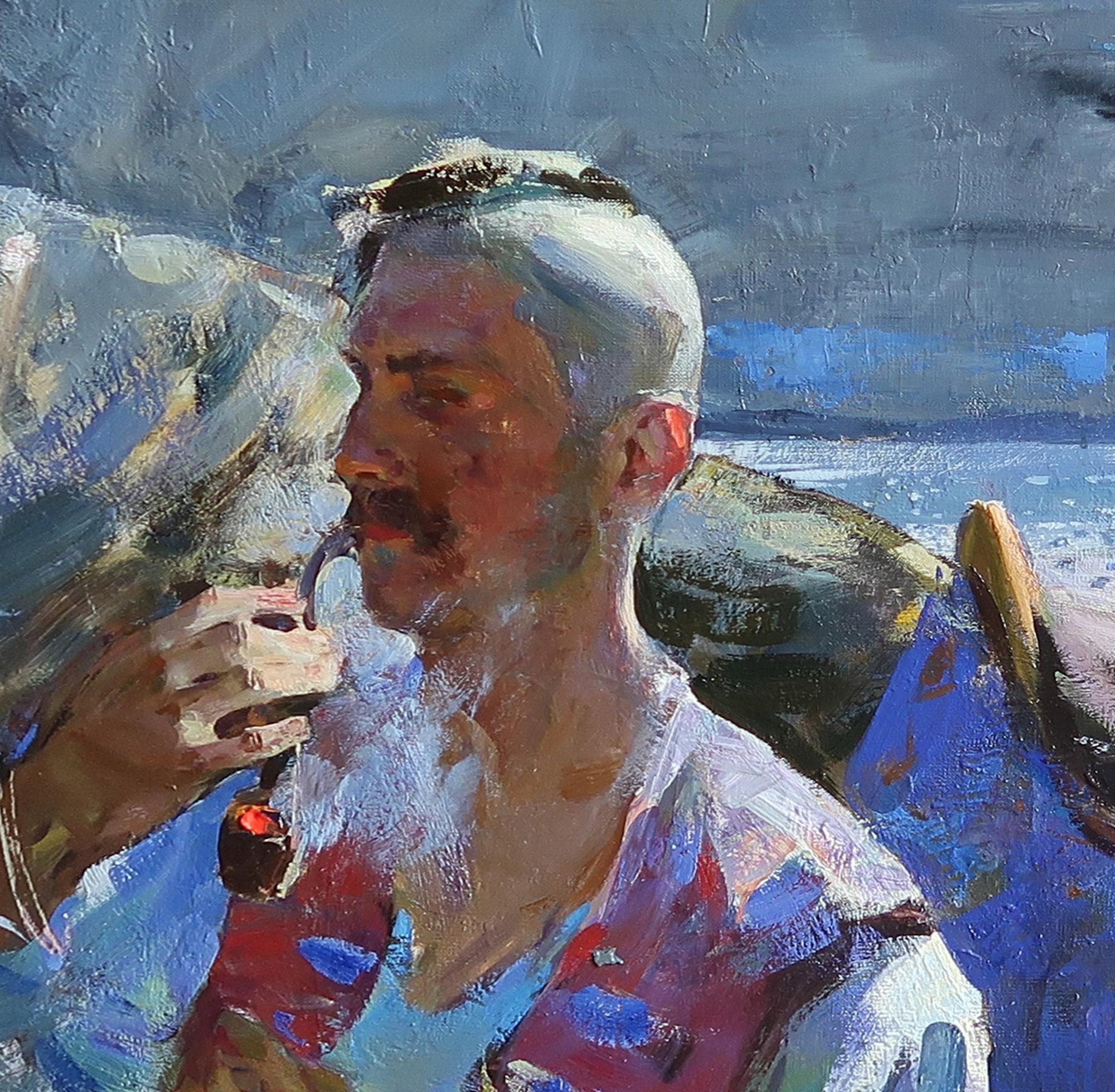 Stille über dem Fluss Dnjepr - Ölgemälde Grün Braun Blau Weiß Grau Rot (Impressionismus), Painting, von Sergei Kovalenko