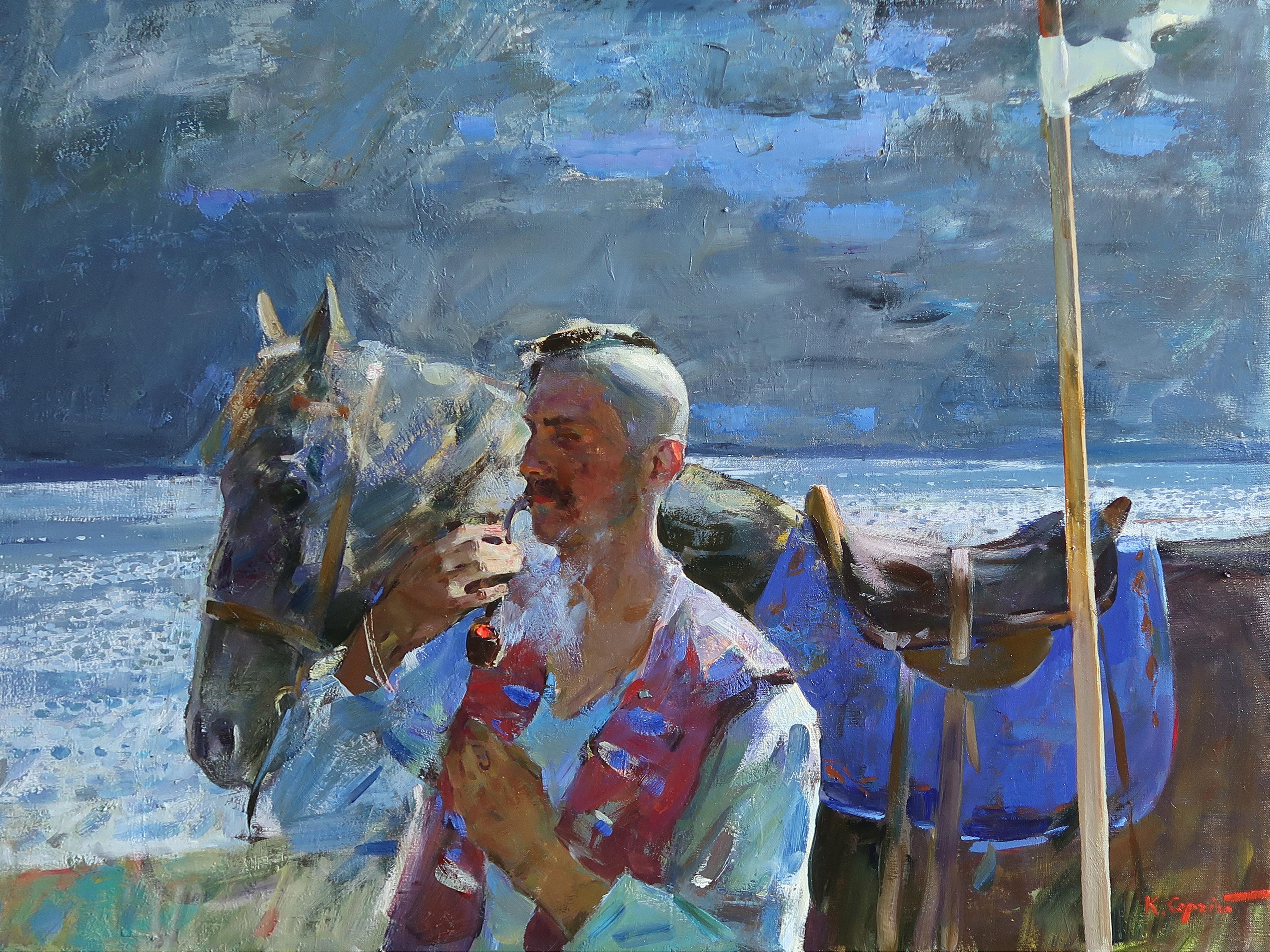 Sergei Kovalenko Figurative Painting – Stille über dem Fluss Dnjepr - Ölgemälde Grün Braun Blau Weiß Grau Rot