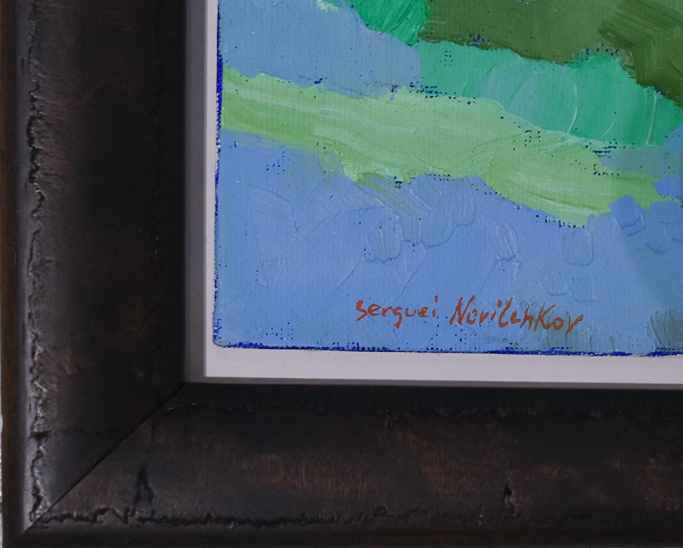 10.75 x 12.75 x 1.75 inches
oil on canvas

This painting is a stylized, fauvist landscape that dances the line between abstract and figurative art. Shades of blue, green, and white make up this painting with abstract orange poppies in the
