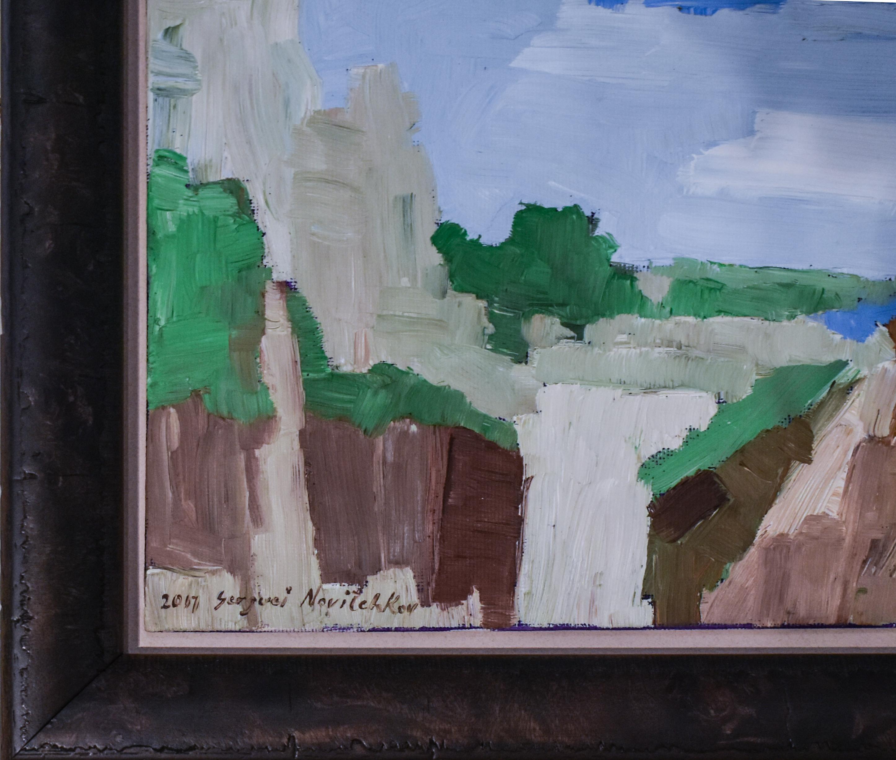 Waterfall (Oil Painting on Canvas Landscape of Cliffs) - Black Landscape Painting by Sergei Novichkov