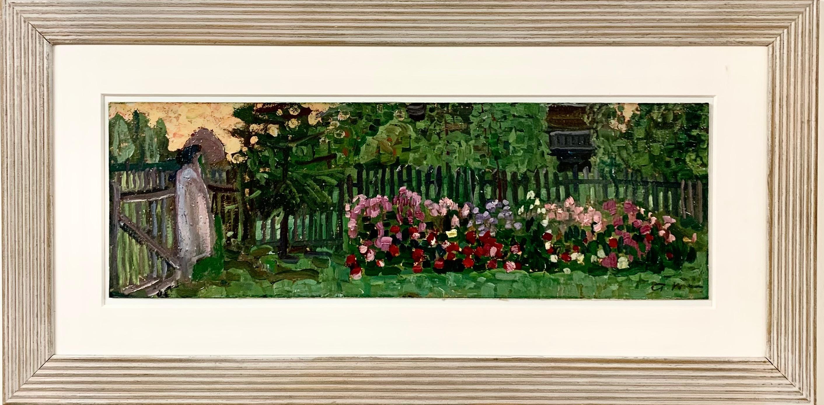 Sergej Tkachev Figurative Painting - "Flowers in my garden" Garden, flowers, sunset, Oilcm. 51 x 17 