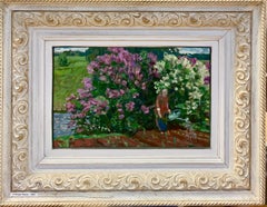 « Printemps », Jardin, fleurs, printemps, jardinière, lilas Huile cm. 37 x 24 1985