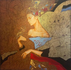 'Contemplation' Contemporary Figurative, abstract painting of a woman, gold