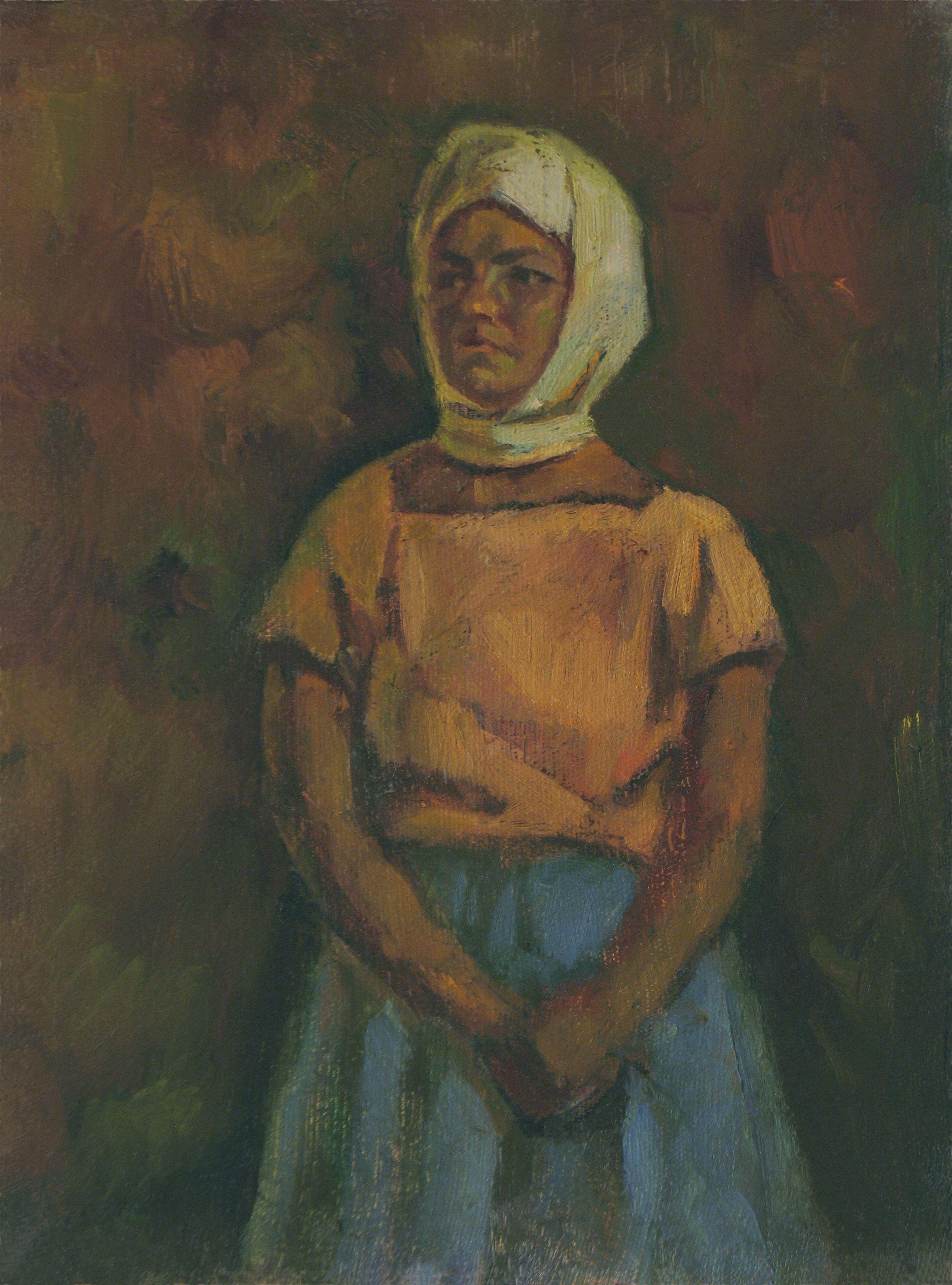 woman with headscarf painting