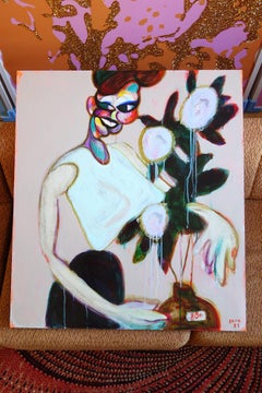 Flower saleswoman . Portrait Painting Lady Colors Red Pink Purple Grey