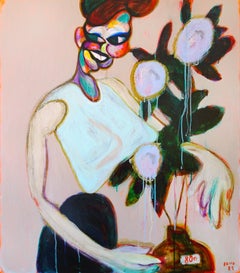 Flower saleswoman . Portrait Painting Lady Colors Red Pink Purple Grey