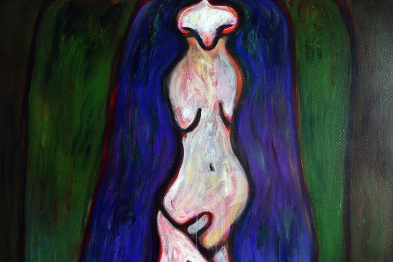 Girl with purple hair . Portrait Painting Acrylic Colors Green Nude  For Sale 2