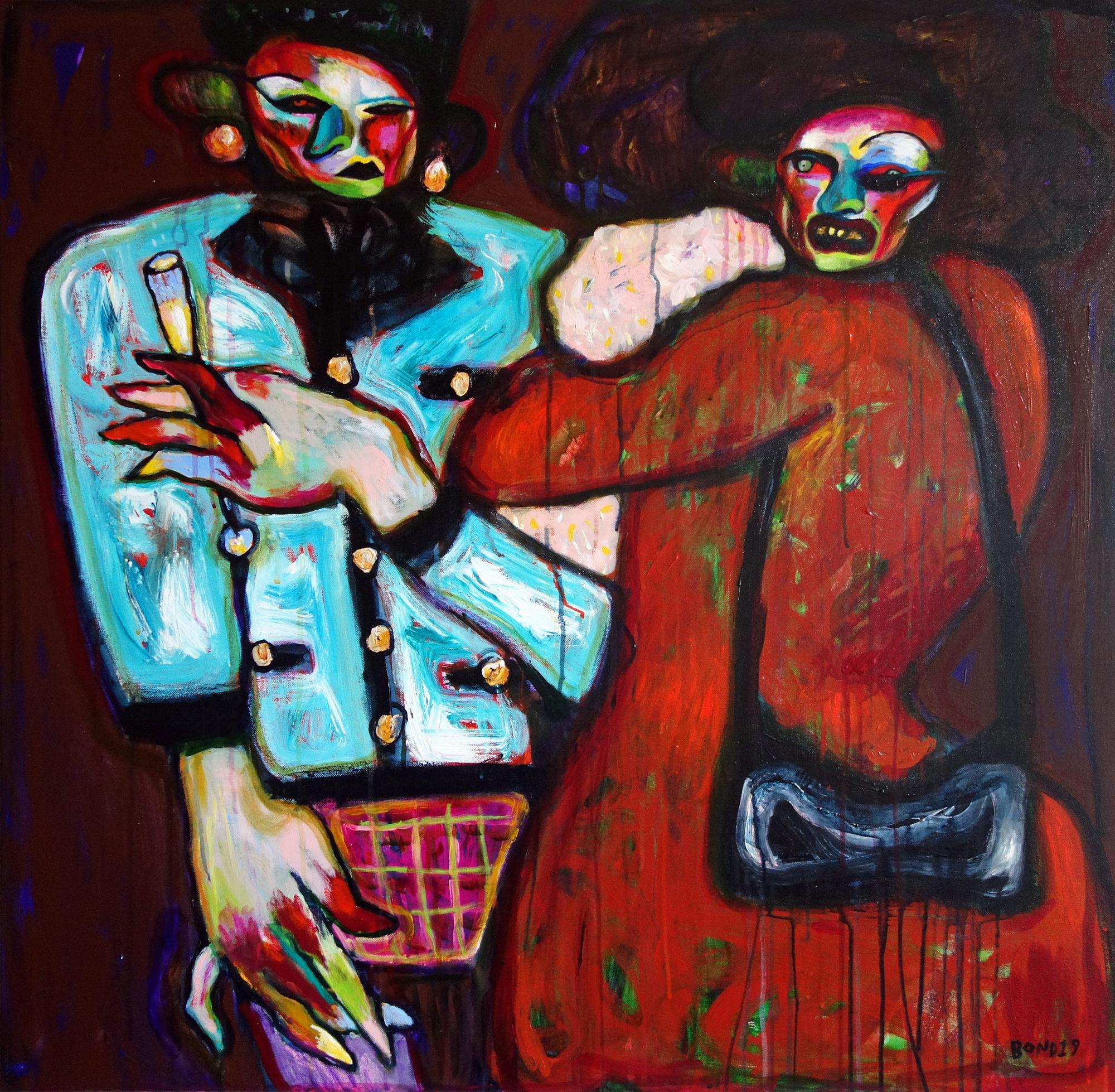 Sergey Bondarev Portrait Painting - Guests. Acrylic on Canvas Color Red Orange Modern Contemporary 2020 Bondarev