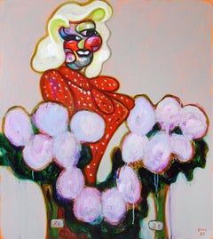 Ivana flower saleswoman 2 .Portrait Painting Acrylic Colors Red Pink Purple Grey