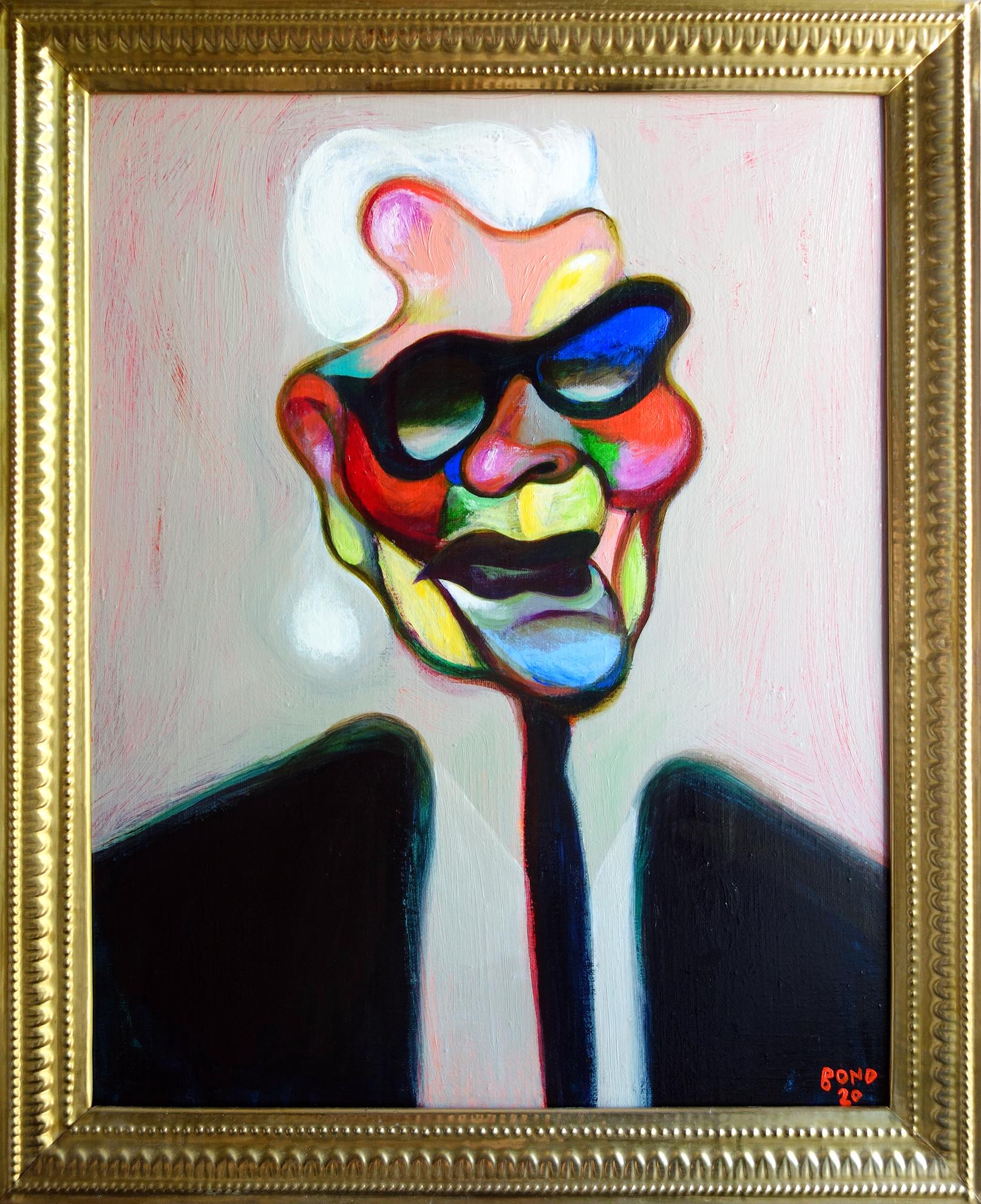 Karl Lagerfeld . Painting Portrait Chanel Acrylic Couturier Colorful Face Star - Gray Figurative Painting by Sergey Bondarev