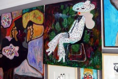 Lady on the background of cacti 2 . Portrait Acrylic Floral Green Polka-dot