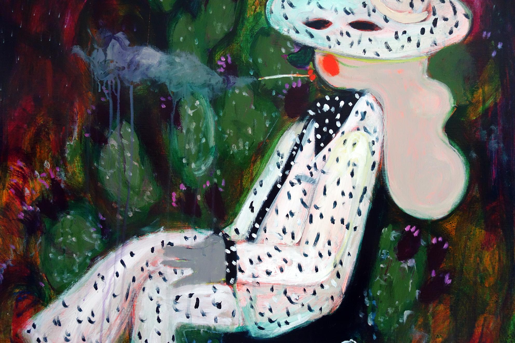 Lady on the background of cacti 2 . Portrait Acrylic Floral Green Polka-dot - Modern Painting by Sergey Bondarev