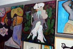 Lady on the background of cacti 3 . Portrait Acrylic Floral Green Polka-dot