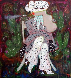 Lady on the background of cacti 3 . Portrait Acrylic Floral Green Polka-dot