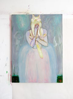 Lady with Cat . Portrait Acrylic Impressionism Pearl Theater Interior Fun Cute