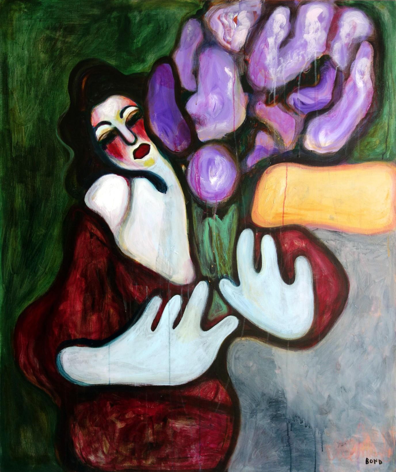 Sergey Bondarev Still-Life Painting - Let’s paint me with violet flower. Portrait Hands Modern Impressionism Bouquet