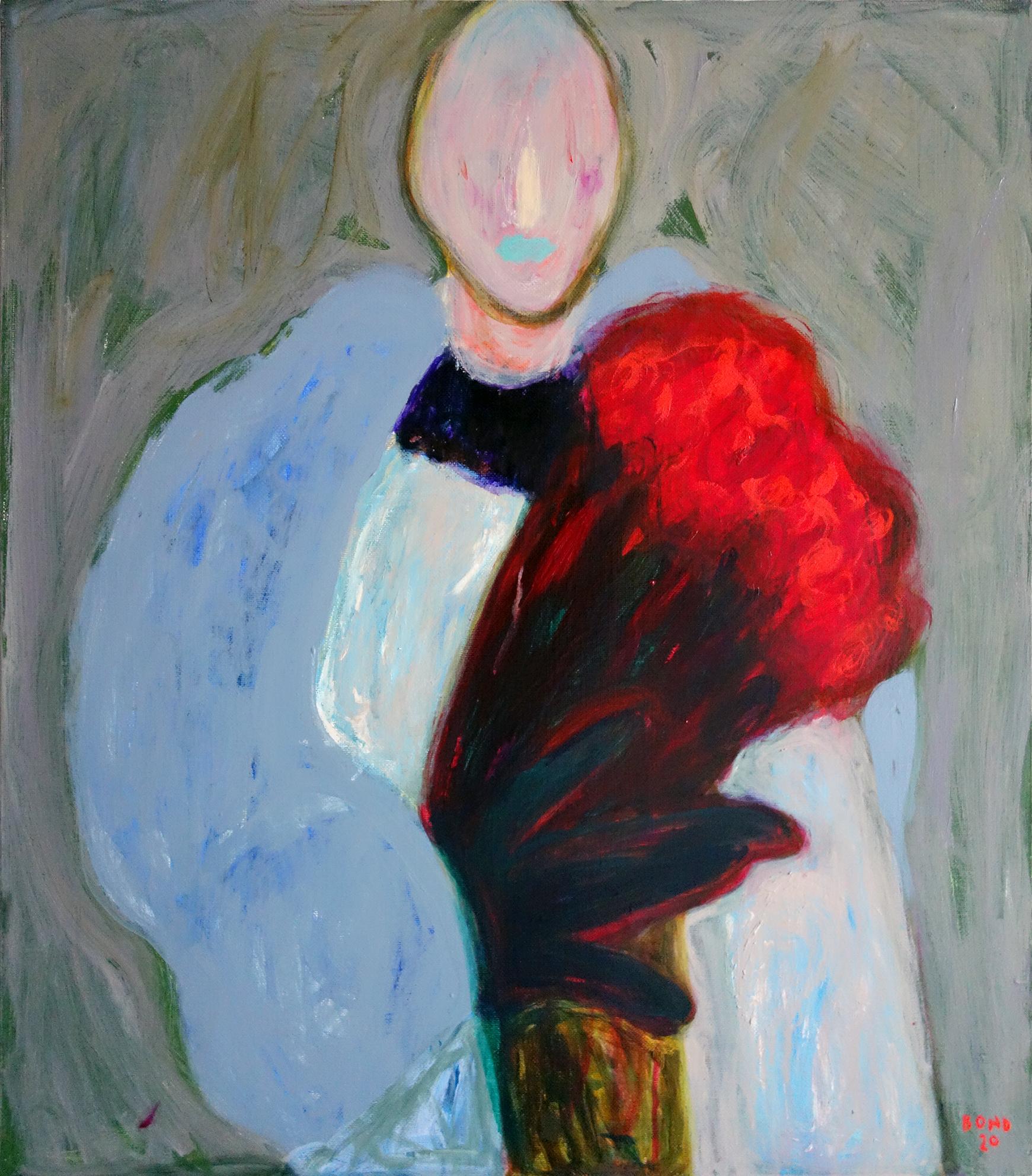 Sergey Bondarev Still-Life Painting - Maison des Masques 2 . Portrait Acrylic Red Flowers Green Grey Mask  