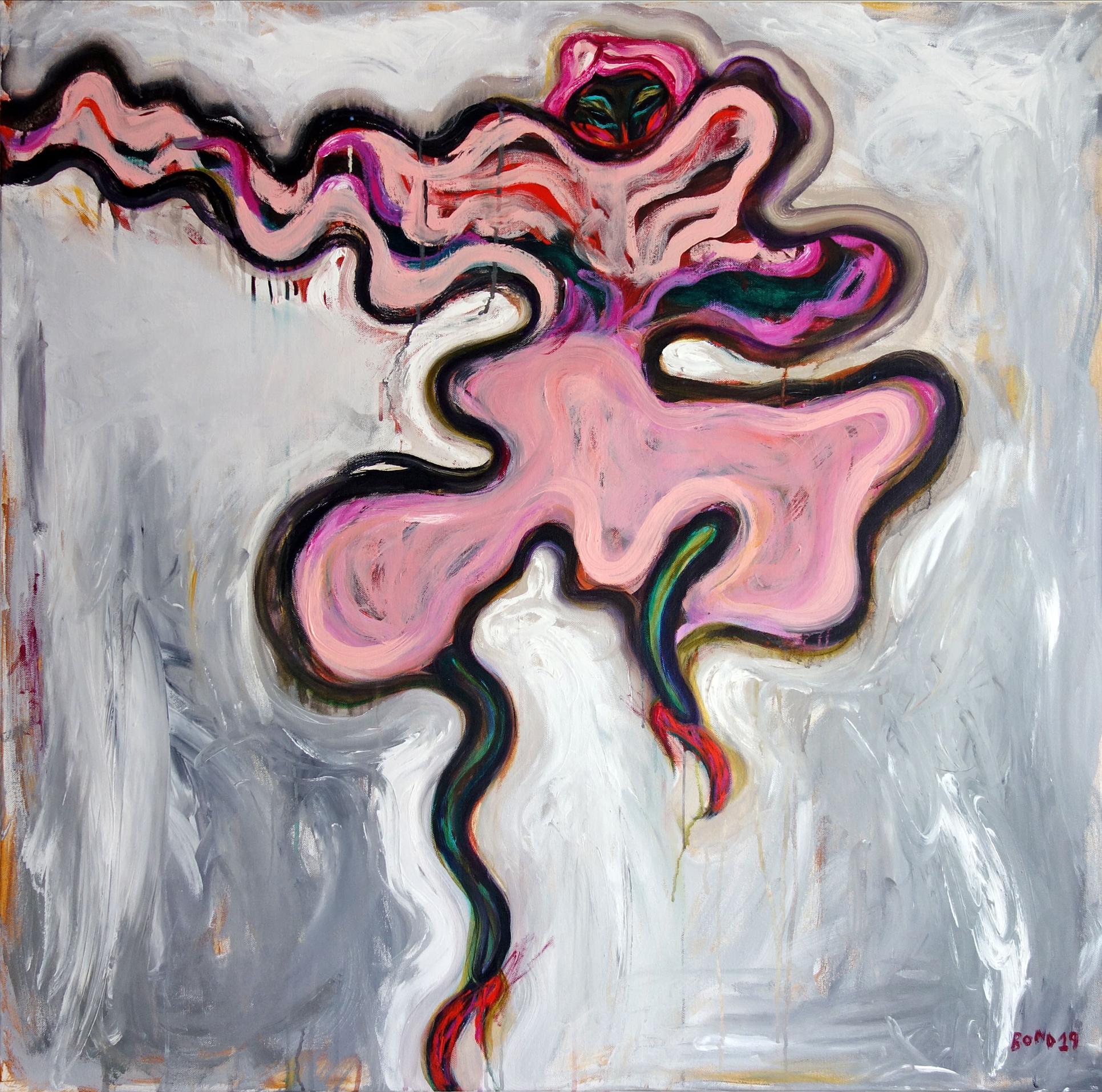 Sergey Bondarev Figurative Painting - Nameless dancing flower . Portrait Painting Acrylic Pink Grey Expressionism