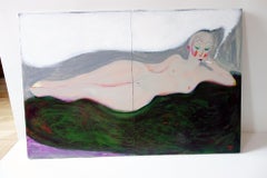 Nude on a green blanket . Diptych Portrait Painting Acrylic Woman Grey Red Lips