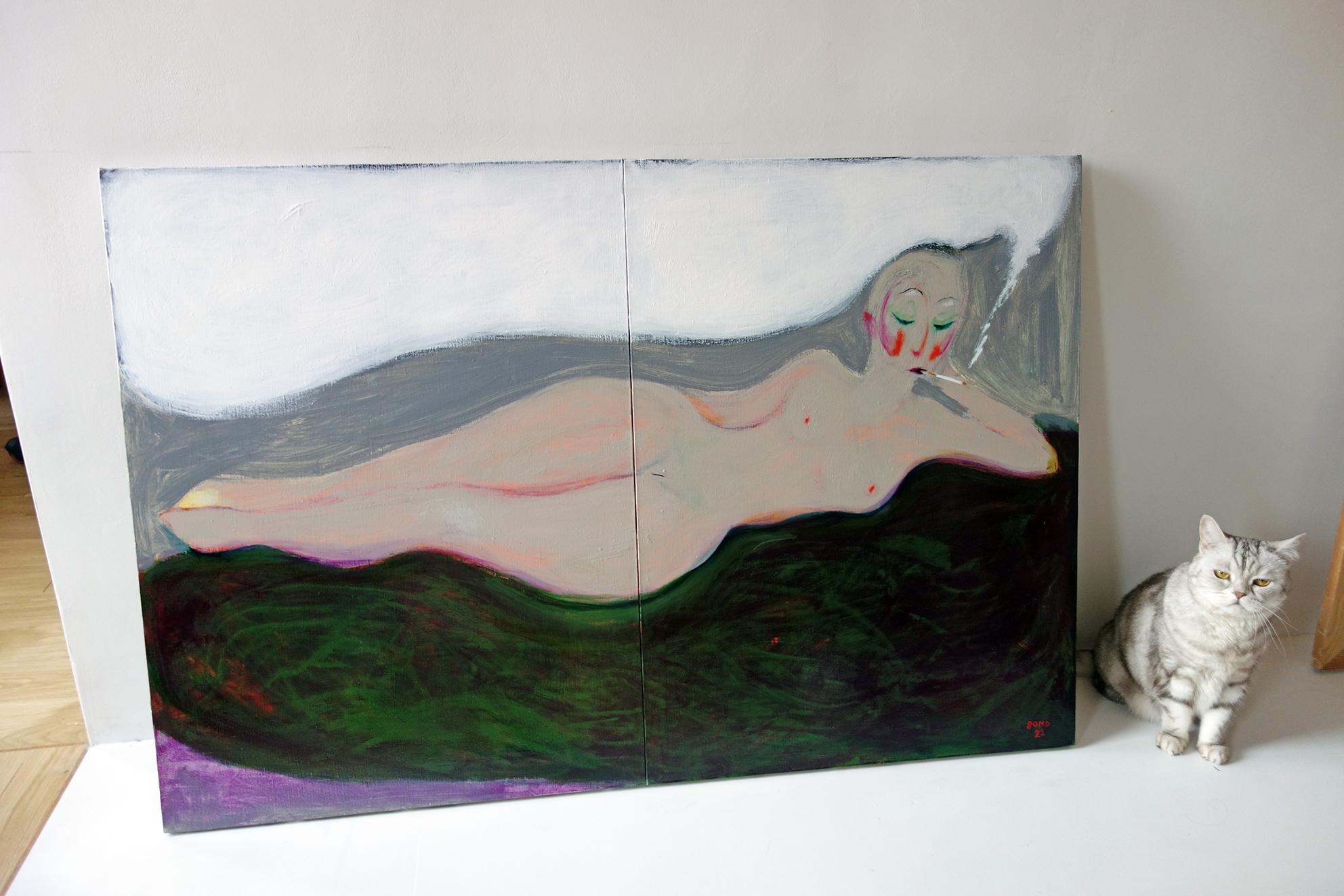 Nude on a green blanket . Diptych Portrait Painting Acrylic Woman Grey Red Lips - Gray Nude Painting by Sergey Bondarev