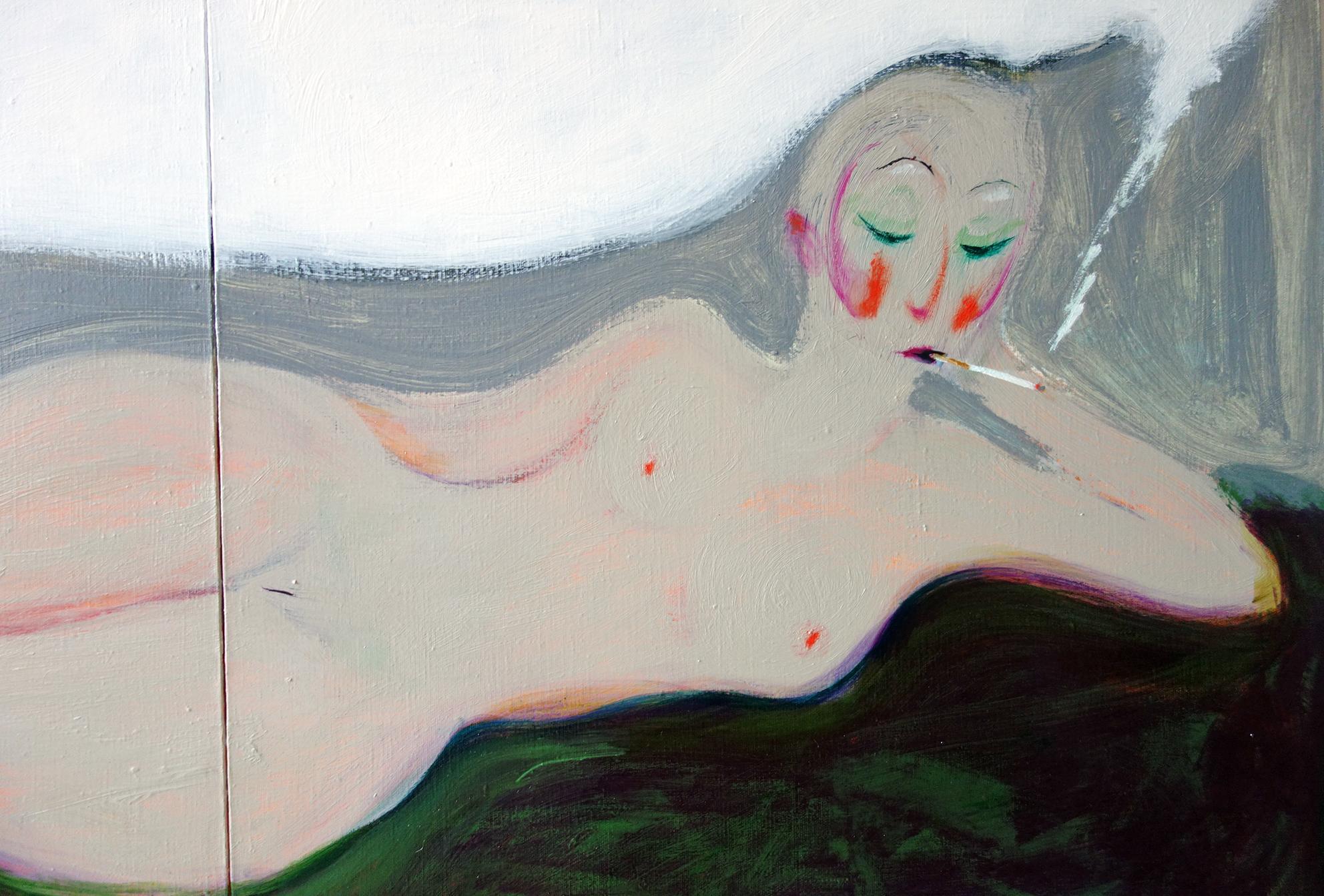 Nude on a green blanket . Diptych Portrait Painting Acrylic Woman Grey Red Lips For Sale 1