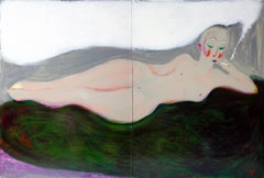 Nude on a green blanket . Diptych Portrait Painting Acrylic Woman Grey Red Lips