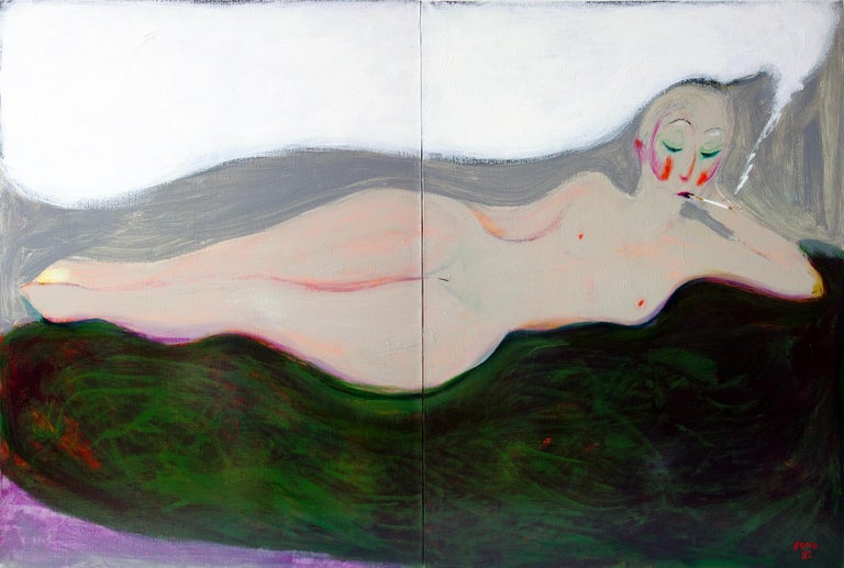 Sergey Bondarev Nude Painting - Nude on a green blanket . Diptych Portrait Painting Acrylic Woman Grey Red Lips