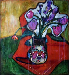 Still Life with a Greek Vase . Portrait Painting Acrylic Grey Flowers  Bouquet