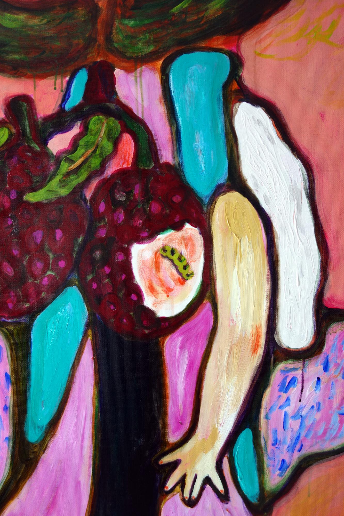Still Life with red shoes . Portrait Painting Acrylic Hands Orange Blue For Sale 1