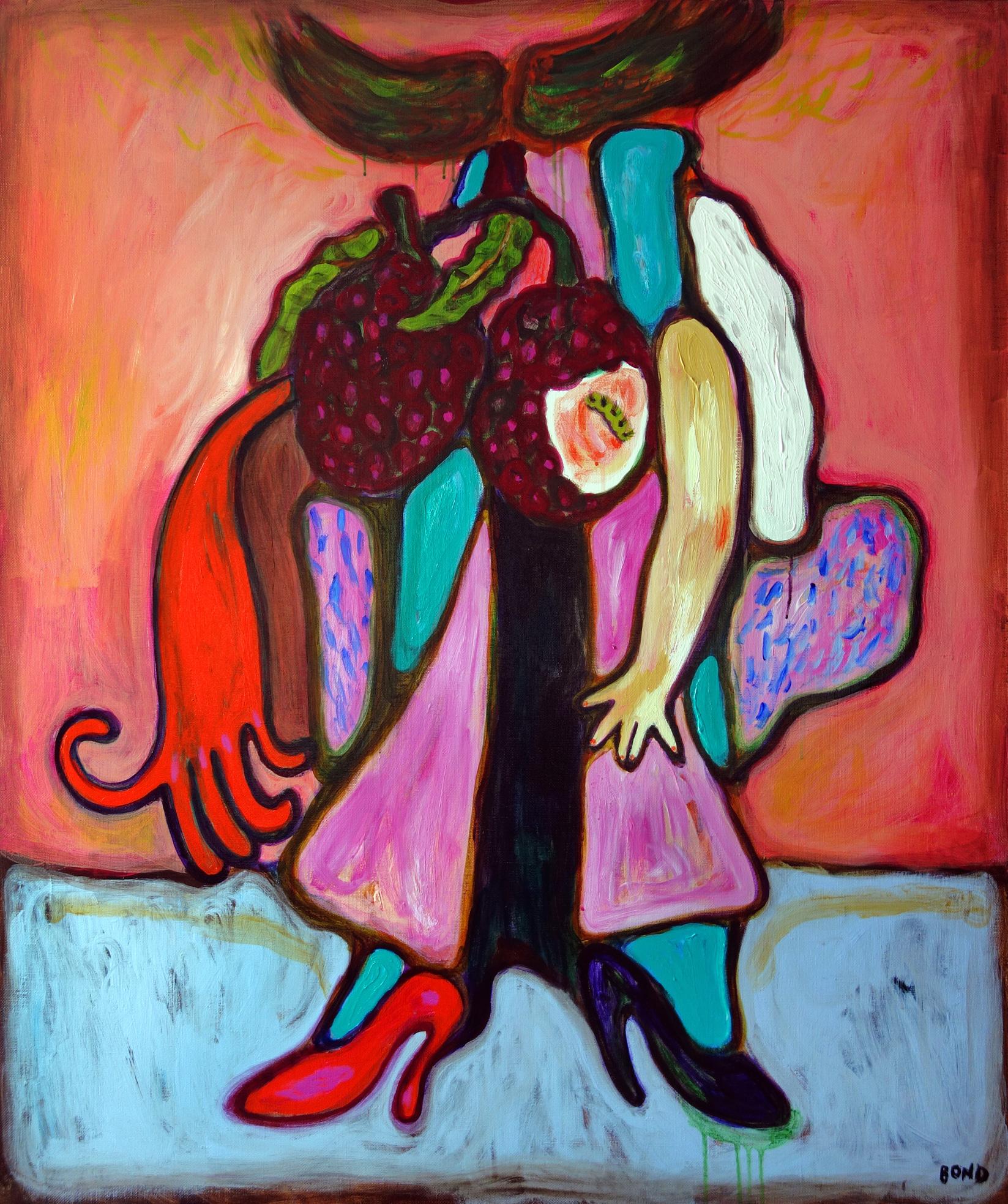 Sergey Bondarev Still-Life Painting - Still Life with red shoes . Portrait Painting Acrylic Hands Orange Blue