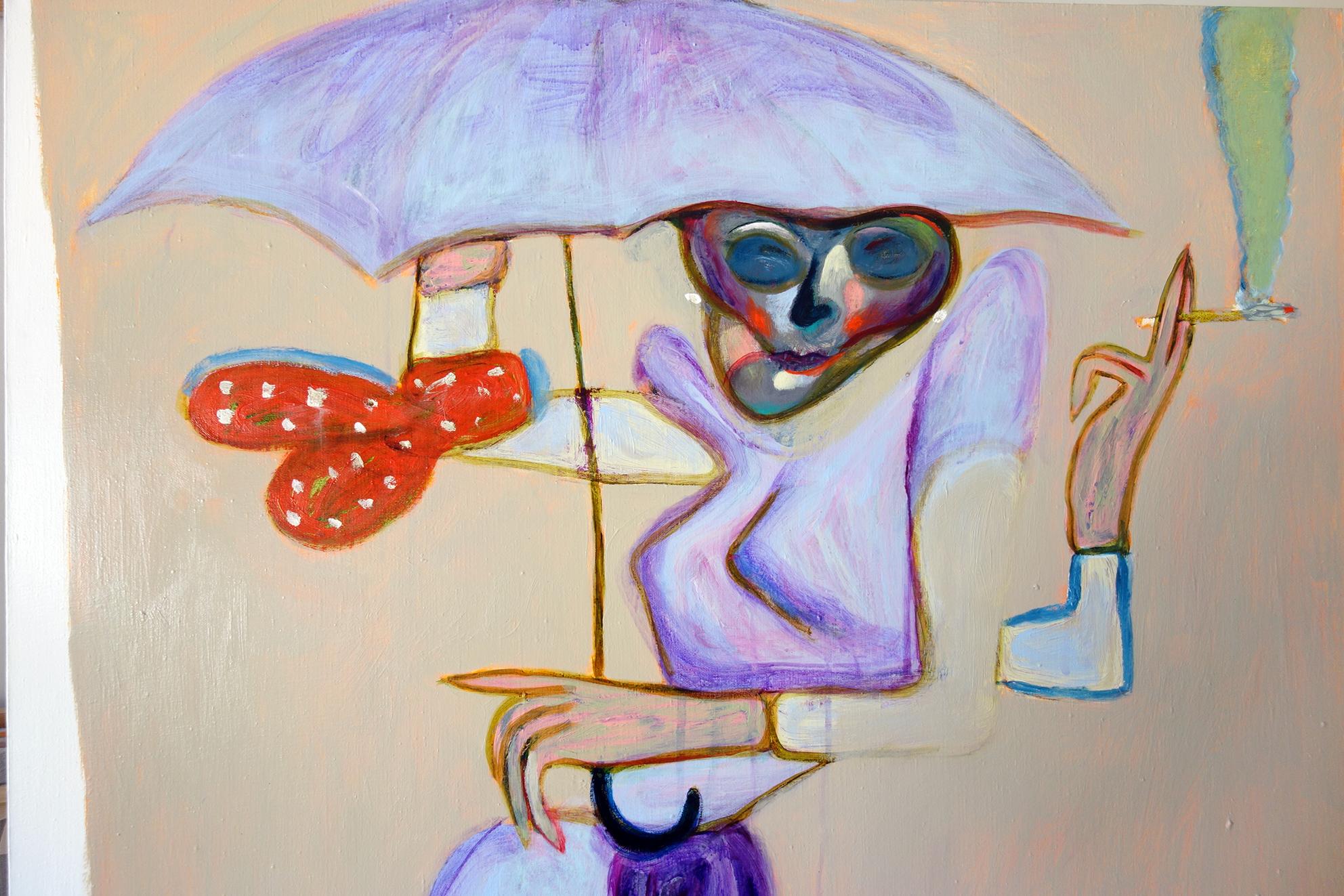 Under my umbrella . Portrait Painting Acrylic Colors Pink Purple Grey 2