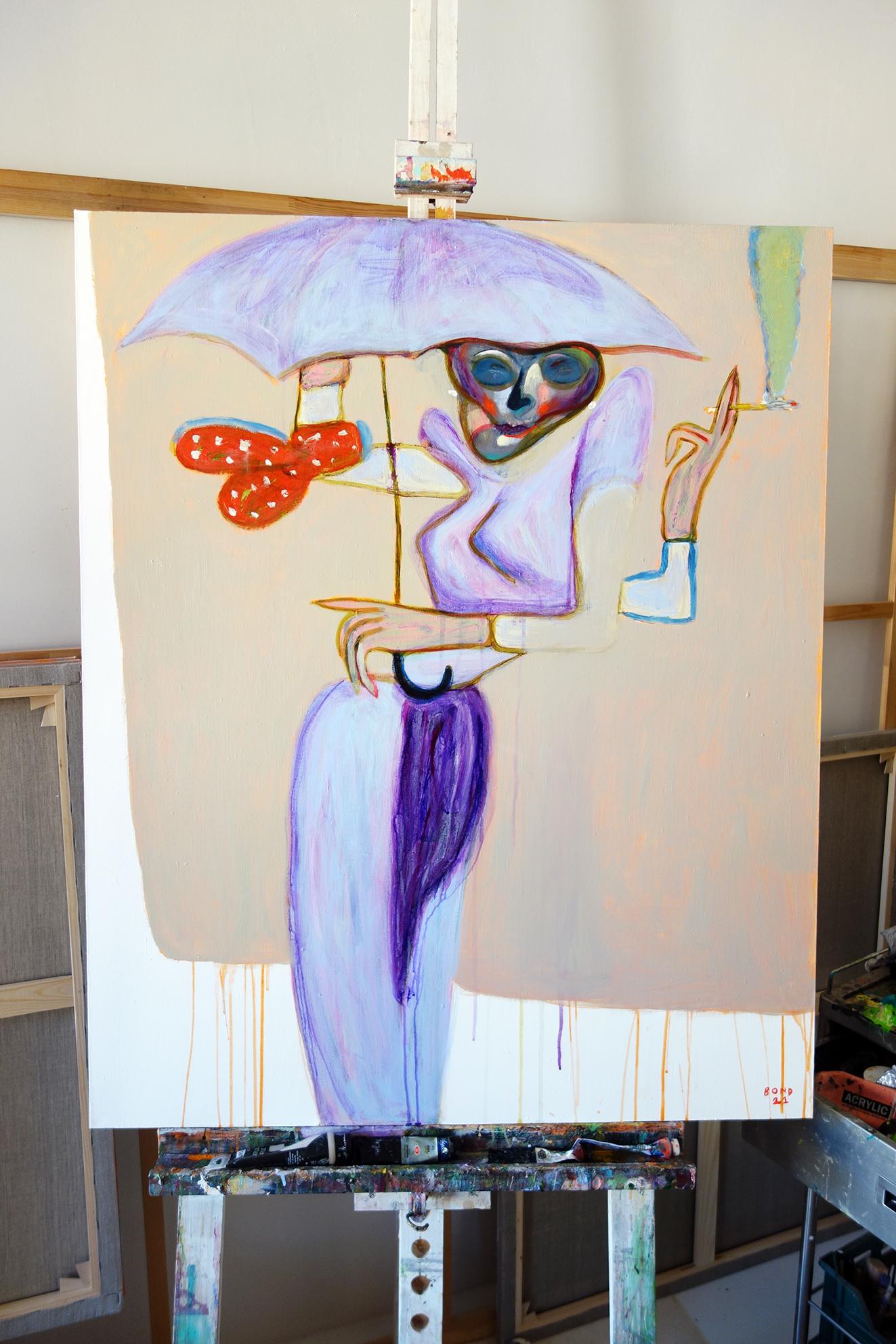 Under my umbrella . Portrait Painting Acrylic Colors Pink Purple Grey 5