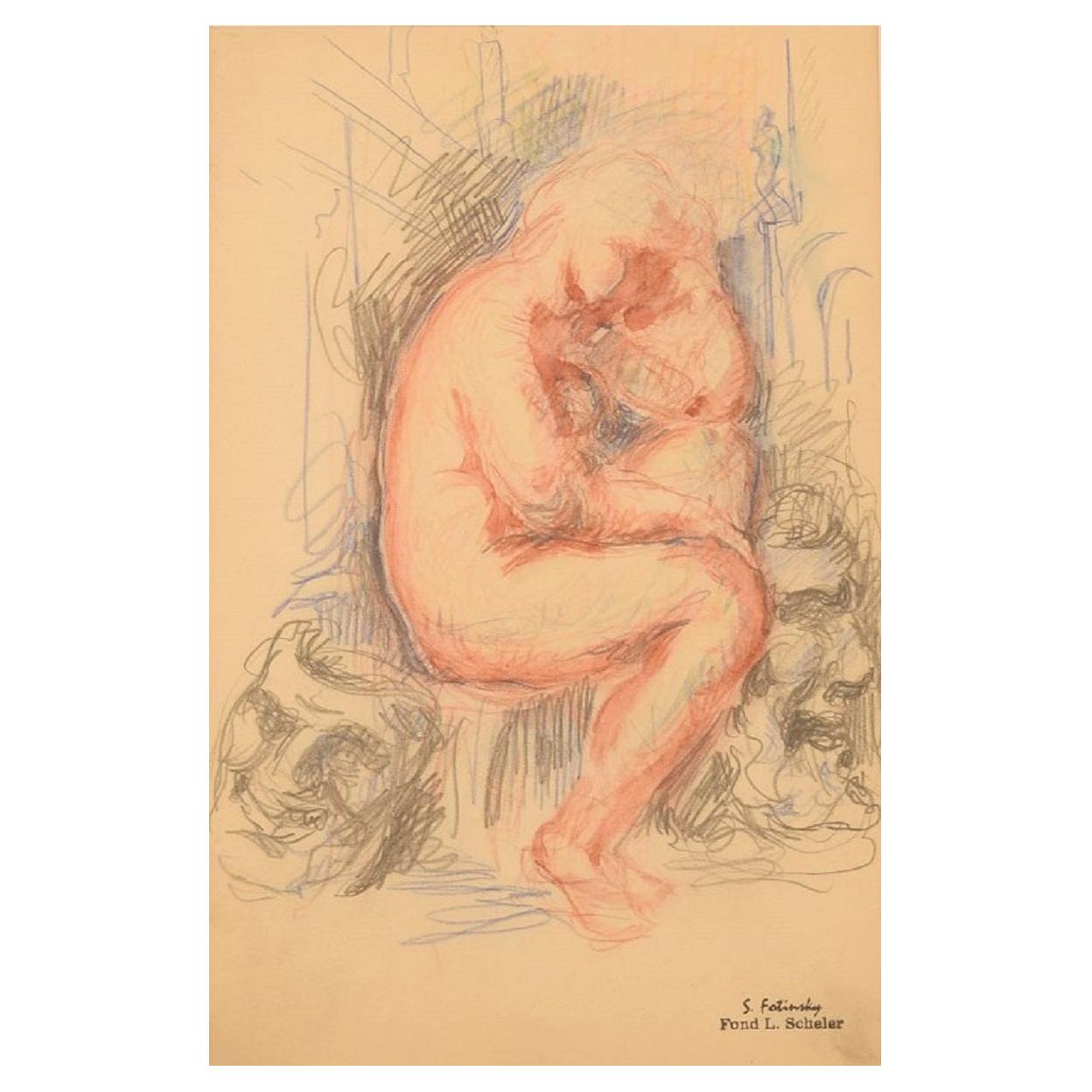 Sergey Fatinsky, Russia, Lithographic Print, Nude Study with Masks