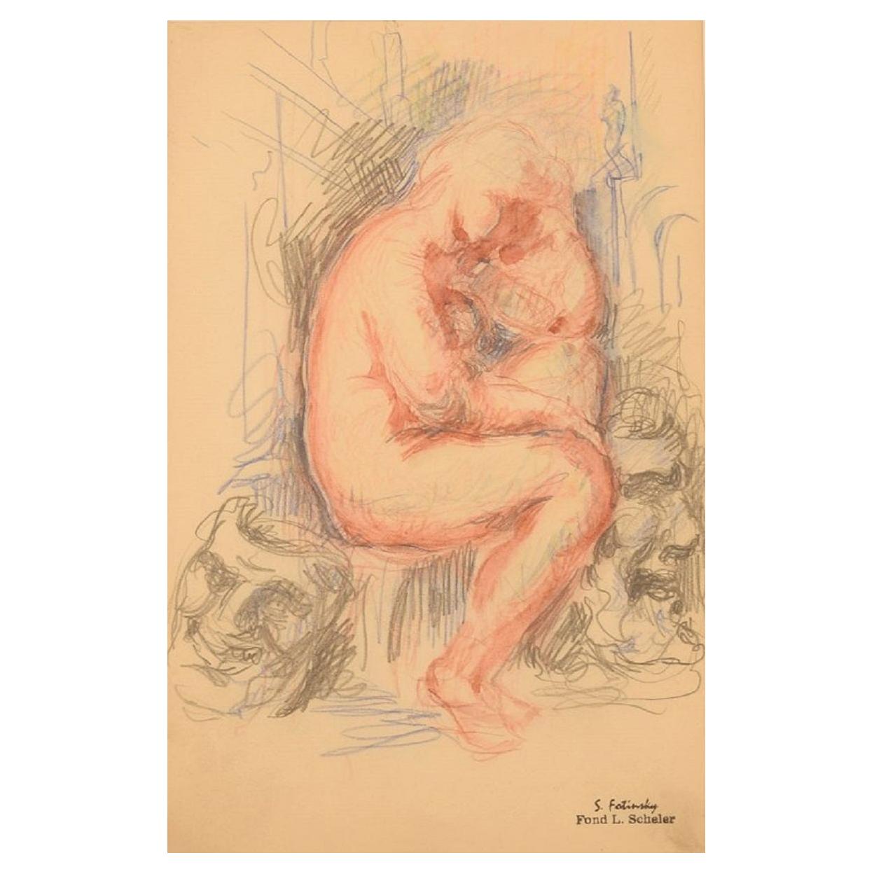 Sergey Fatinsky, Russland, Lithografischer Druck, Aktstudie mit Masken