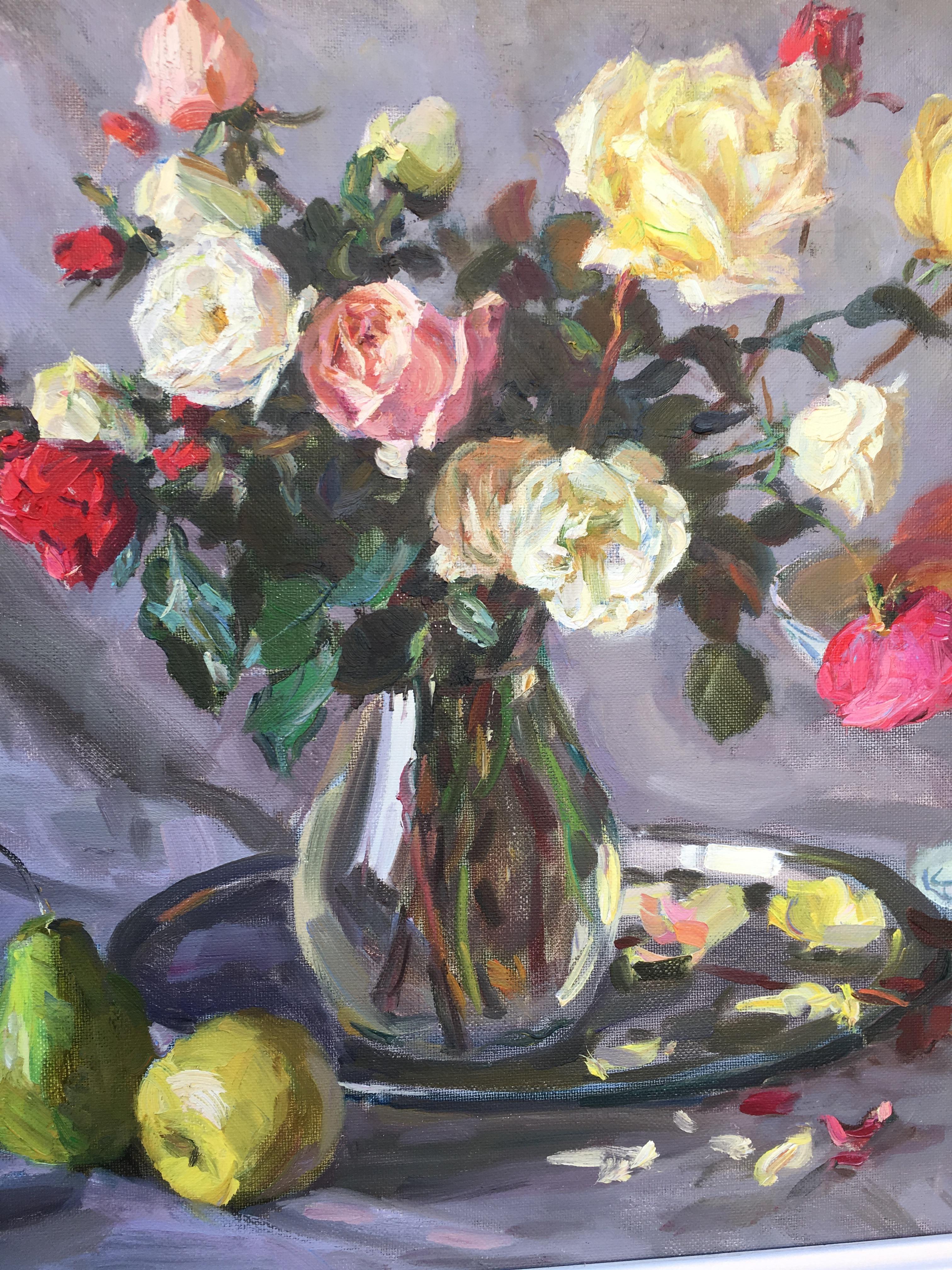 Roses and fruits, Marchenko oil on canvas post-impressionist still-life - Painting by Sergey Marchenko