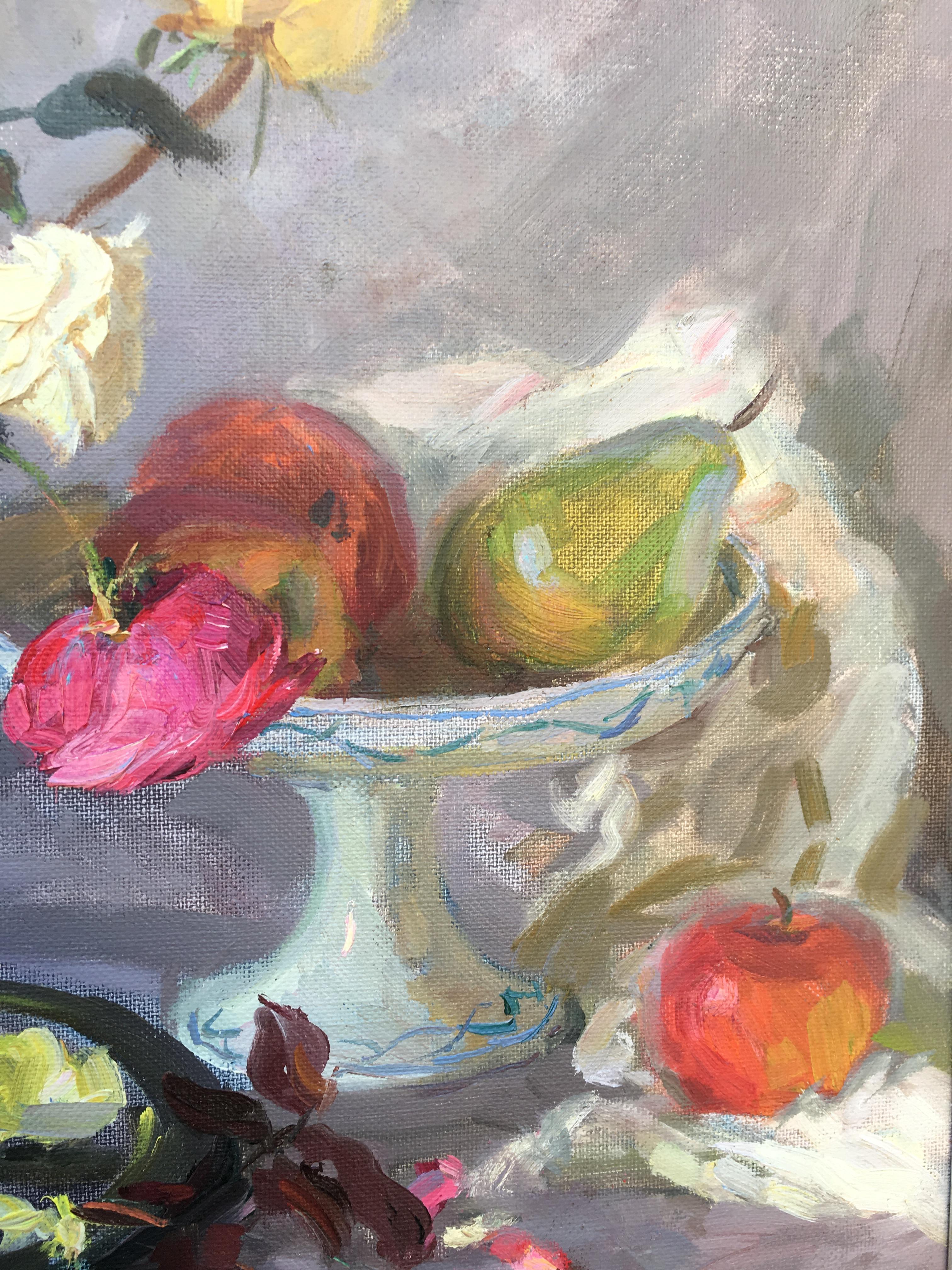 Rosen und Früchte, Marchenko, Öl auf Leinwand, postimpressionistisches Stillleben (Post-Impressionismus), Painting, von Sergey Marchenko