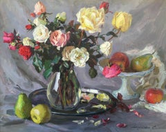 Rose e frutta, olio su tela di Marchenko, natura morta post-impressionista