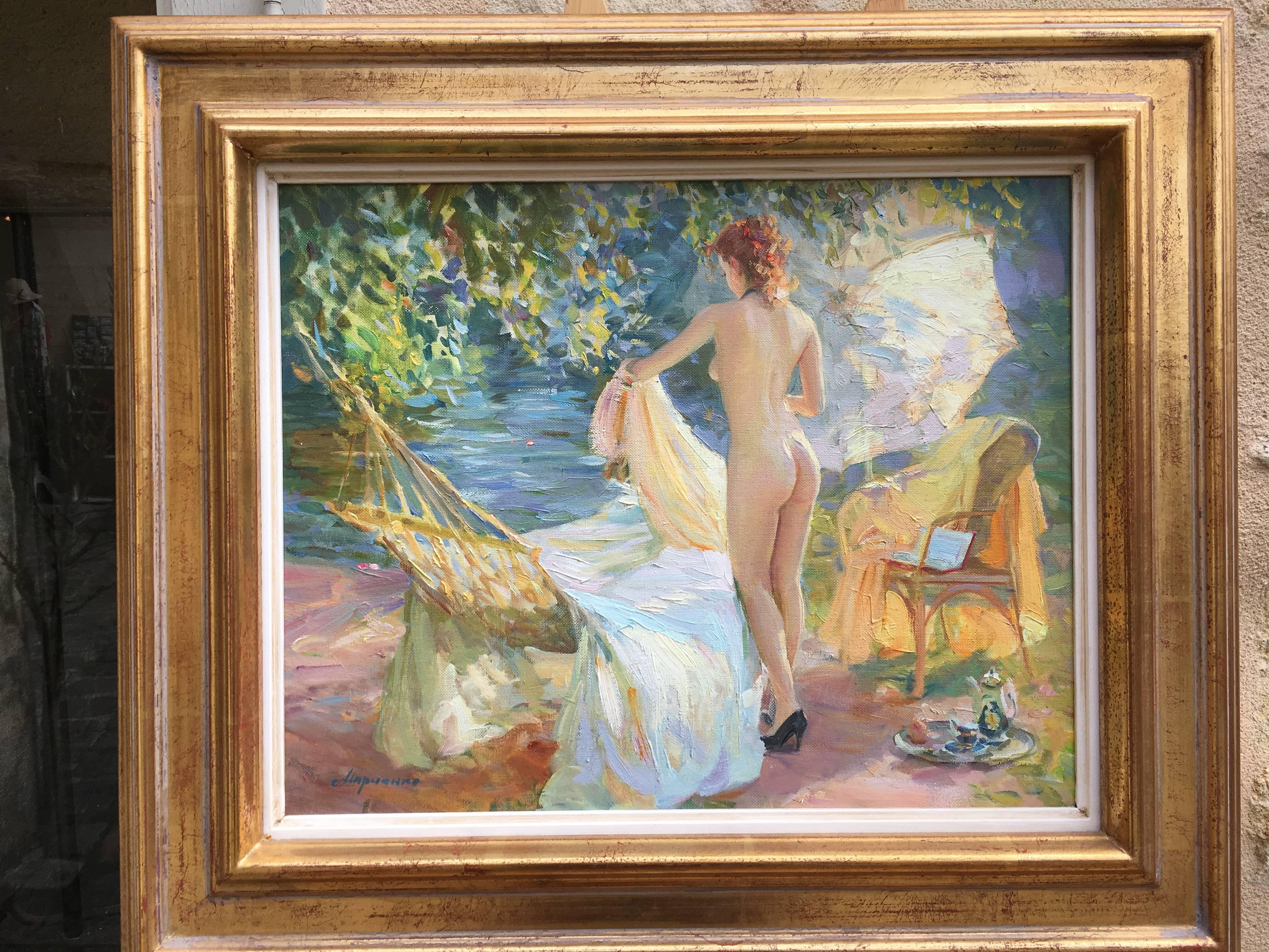 Sunbathing by the river, French impressionist landscape 4