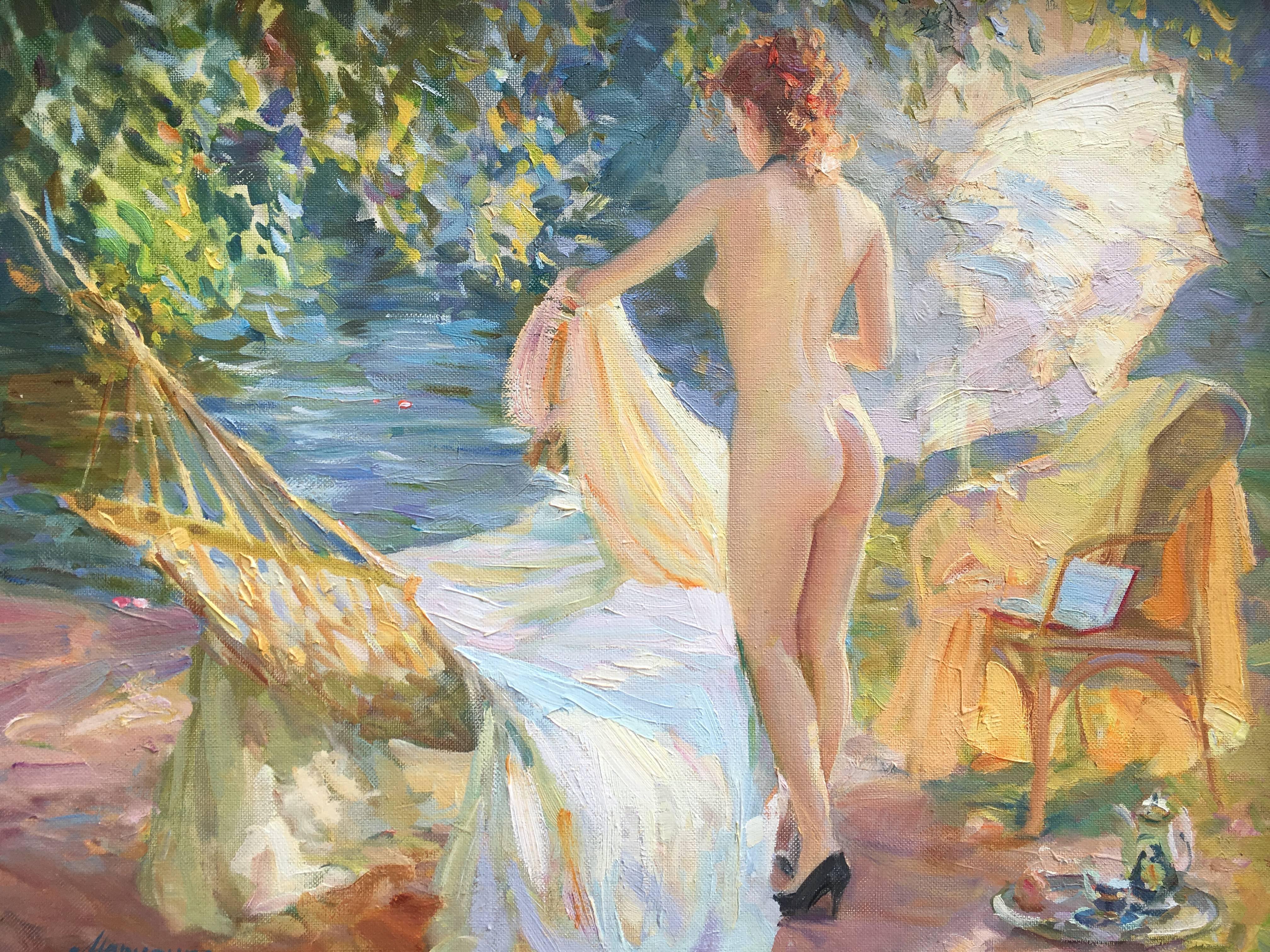 Sergey Marchenko Nude Painting - Sunbathing by the river, French impressionist landscape
