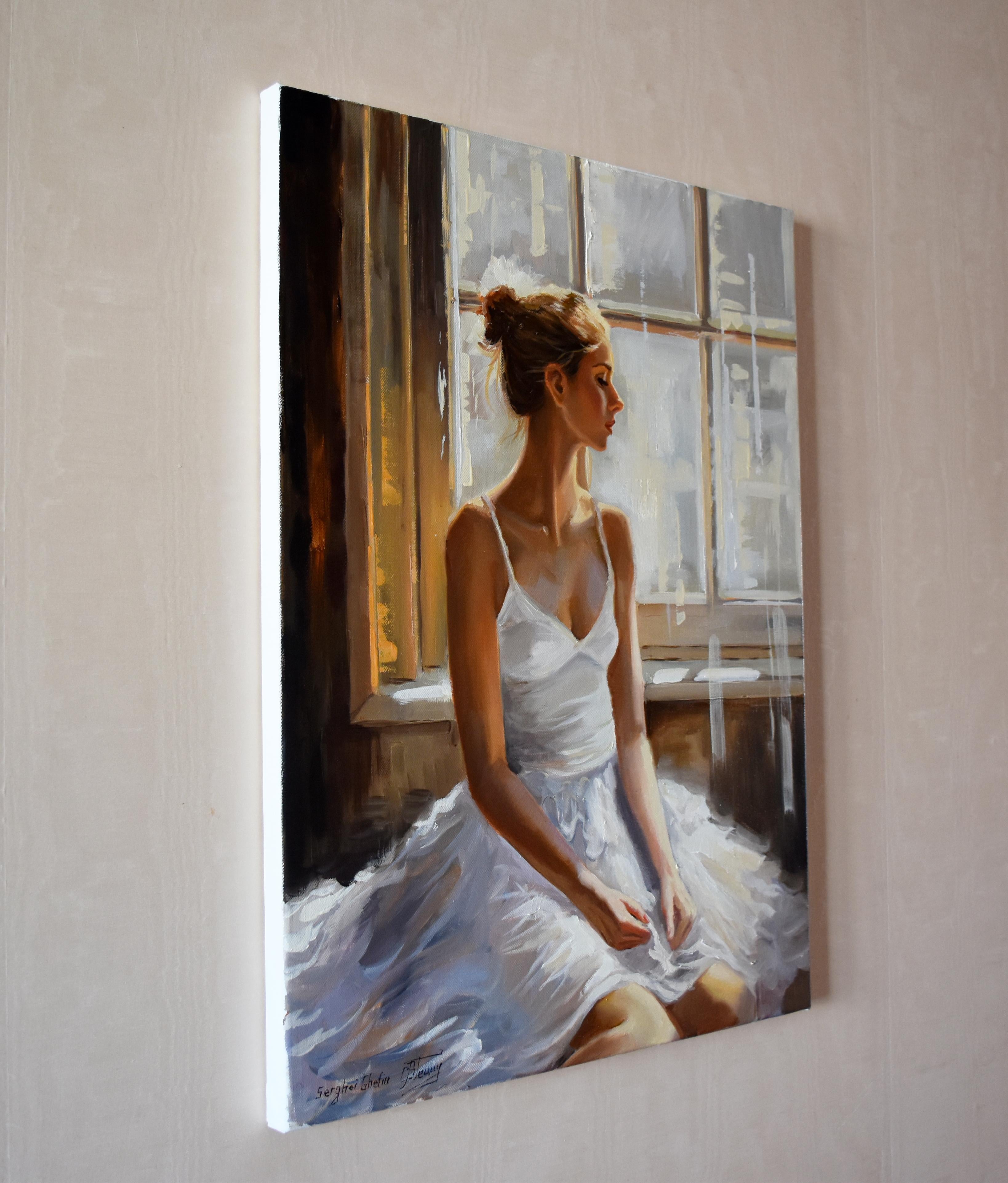 Una ballerina alla finestra - Figurative Painting Grigio di Serghei Ghetiu