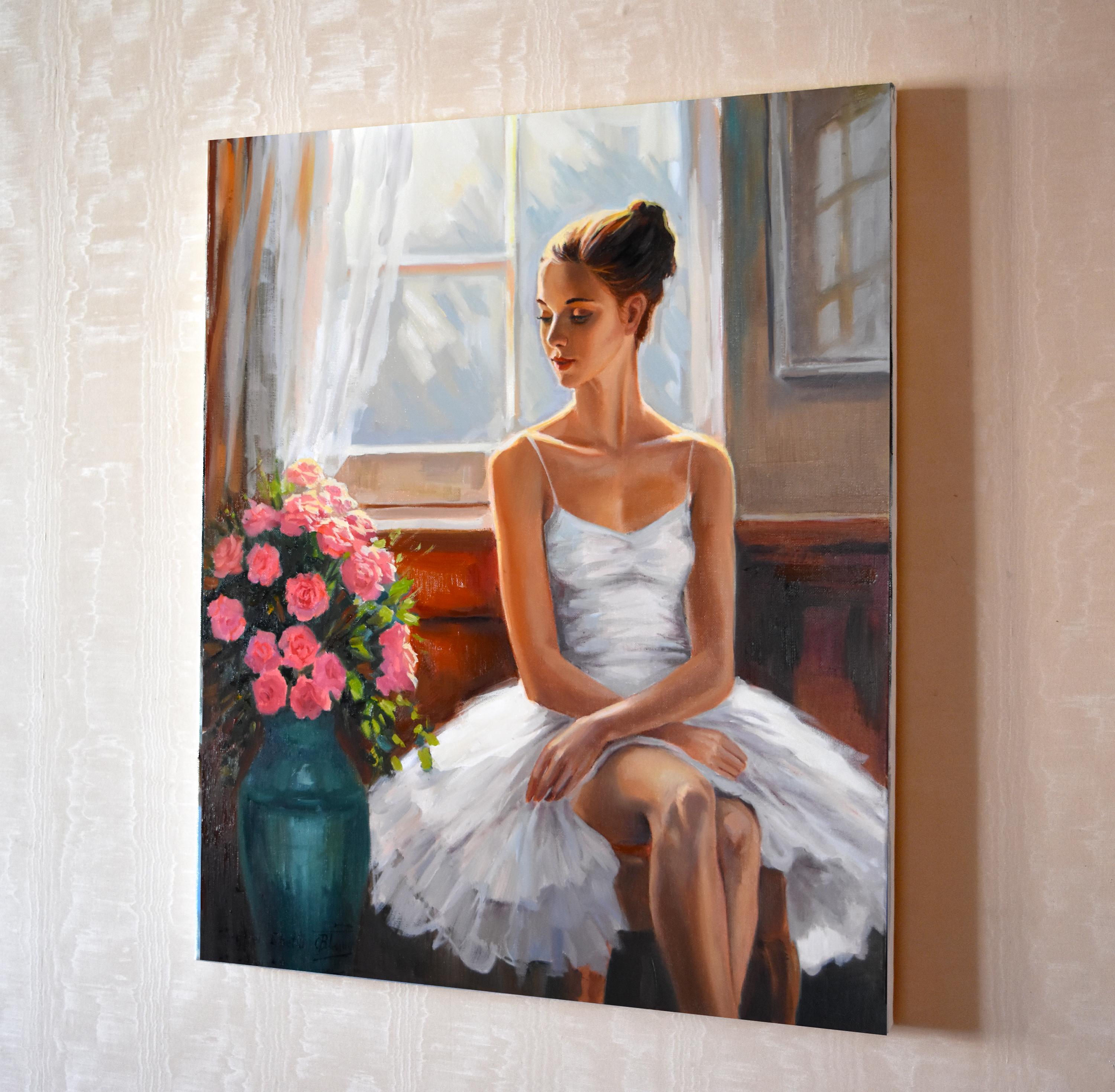 Una ballerina alla finestra II - Figurative Painting Marrone di Serghei Ghetiu