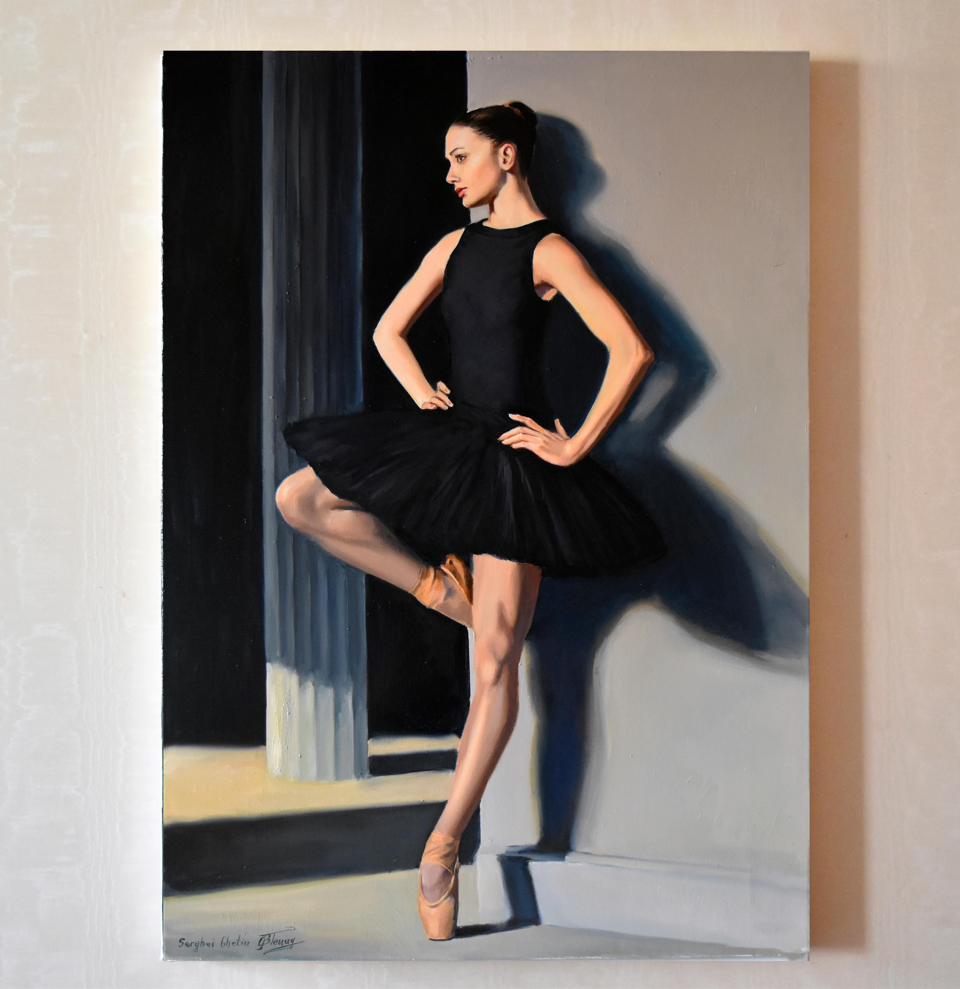 Nel realizzare questo dipinto a olio, ho riversato la mia venerazione per la grazia e la forza in ogni pennellata, catturando l'eleganza in bilico di una ballerina in un momento di serena concentrazione. Il contrasto tra luce e ombra gioca sulla