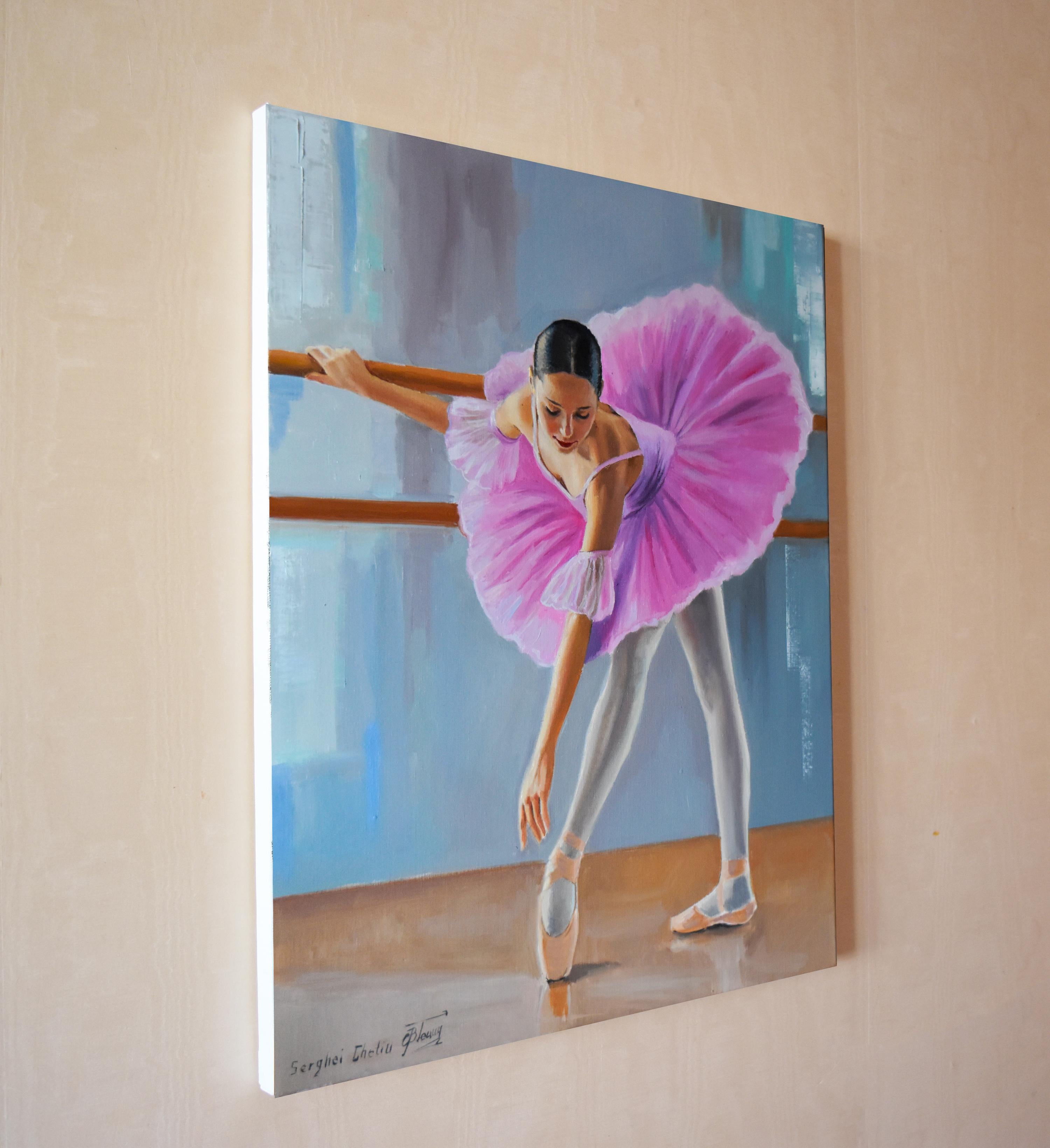 In diesem Öl auf Leinwand wollte ich das Wesen der Anmut und des Gleichgewichts einfangen, das dem Ballett innewohnt. Die zarten Rosatöne des Tutu der Ballerina heben sich elegant von dem gedämpften Hintergrund ab und verdeutlichen ihre Hingabe und