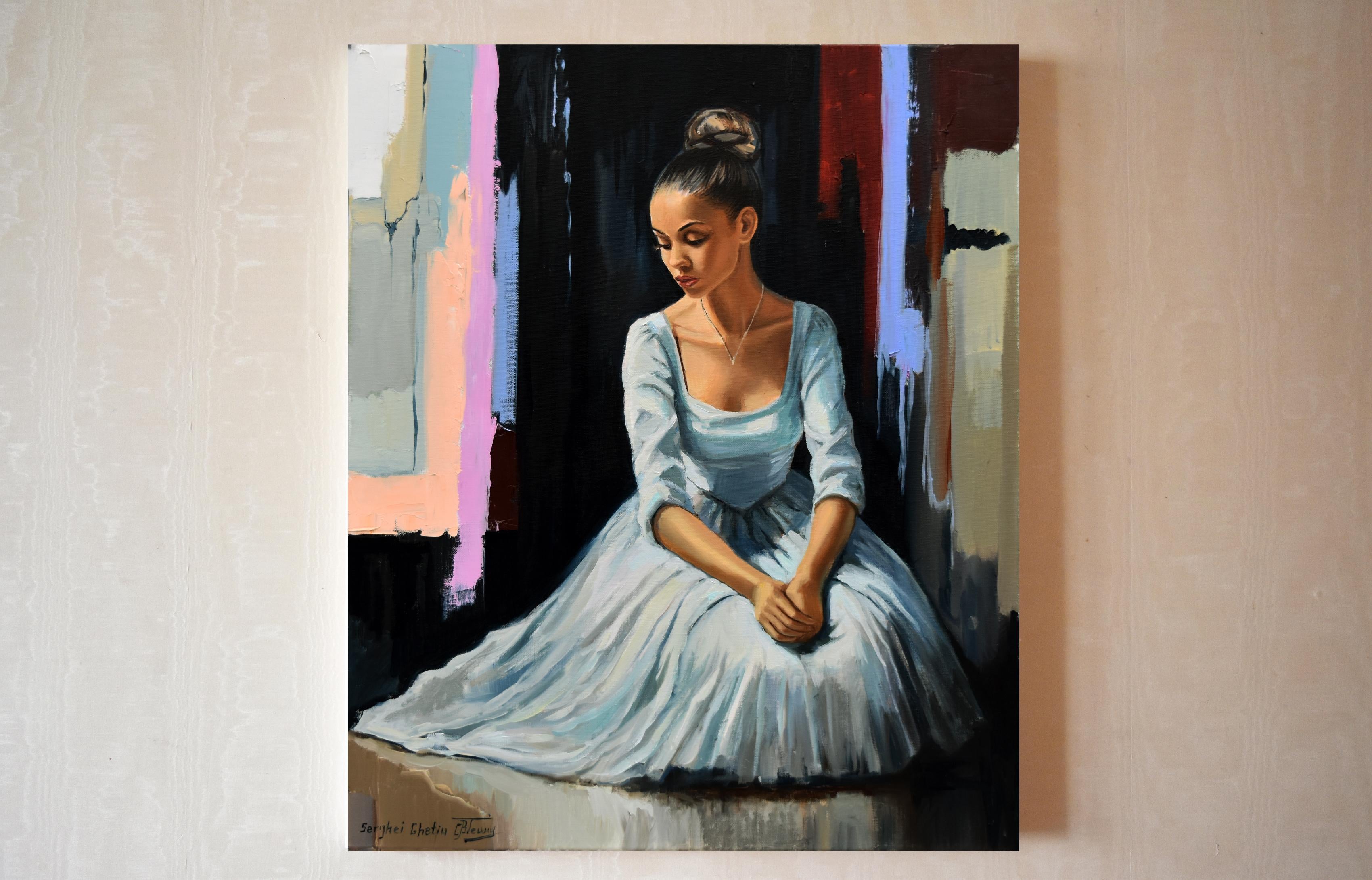 A ballerina portrait with dark background III - Realist Painting by Serghei Ghetiu