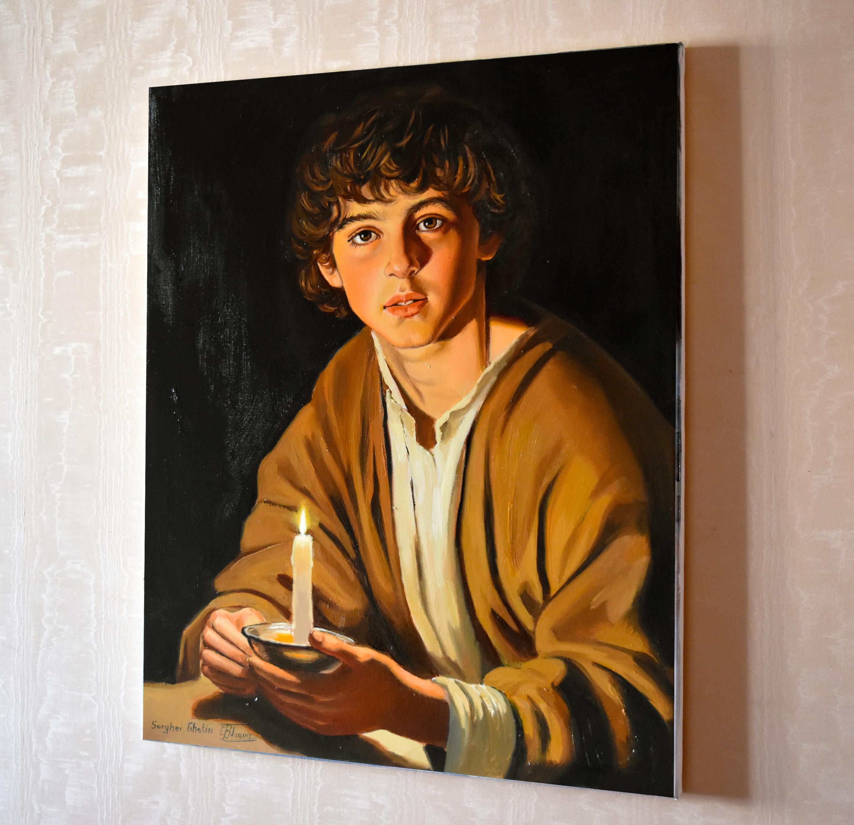 Un ragazzo con una candela - Figurative Painting Nero di Serghei Ghetiu