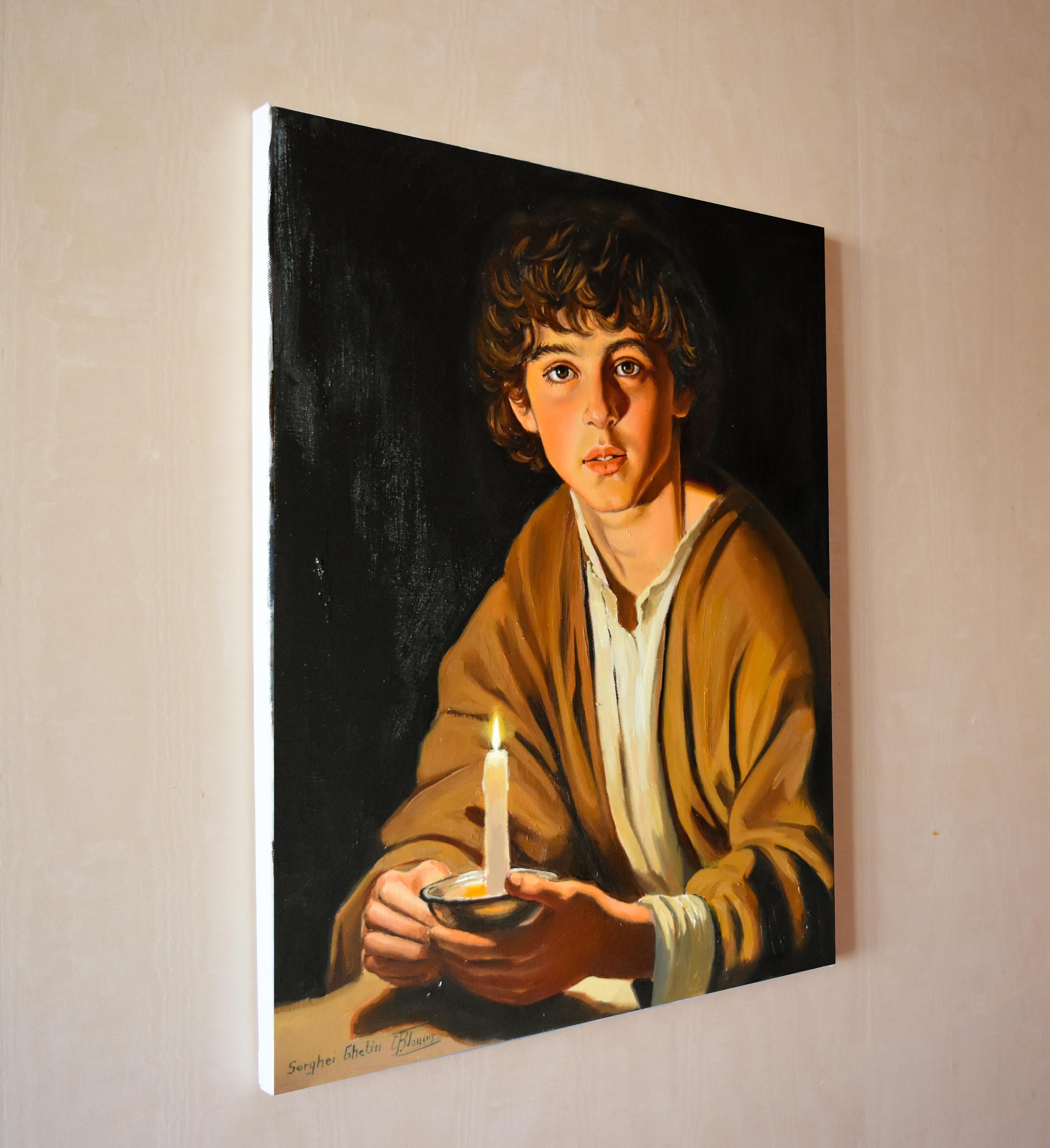 In questo dipinto a olio, ho cercato di catturare sia l'innocenza che la profondità nello sguardo di un ragazzo che tiene in mano una candela. La luce calda e tremolante che illumina il suo volto giovanile su uno sfondo scuro aumenta il senso di