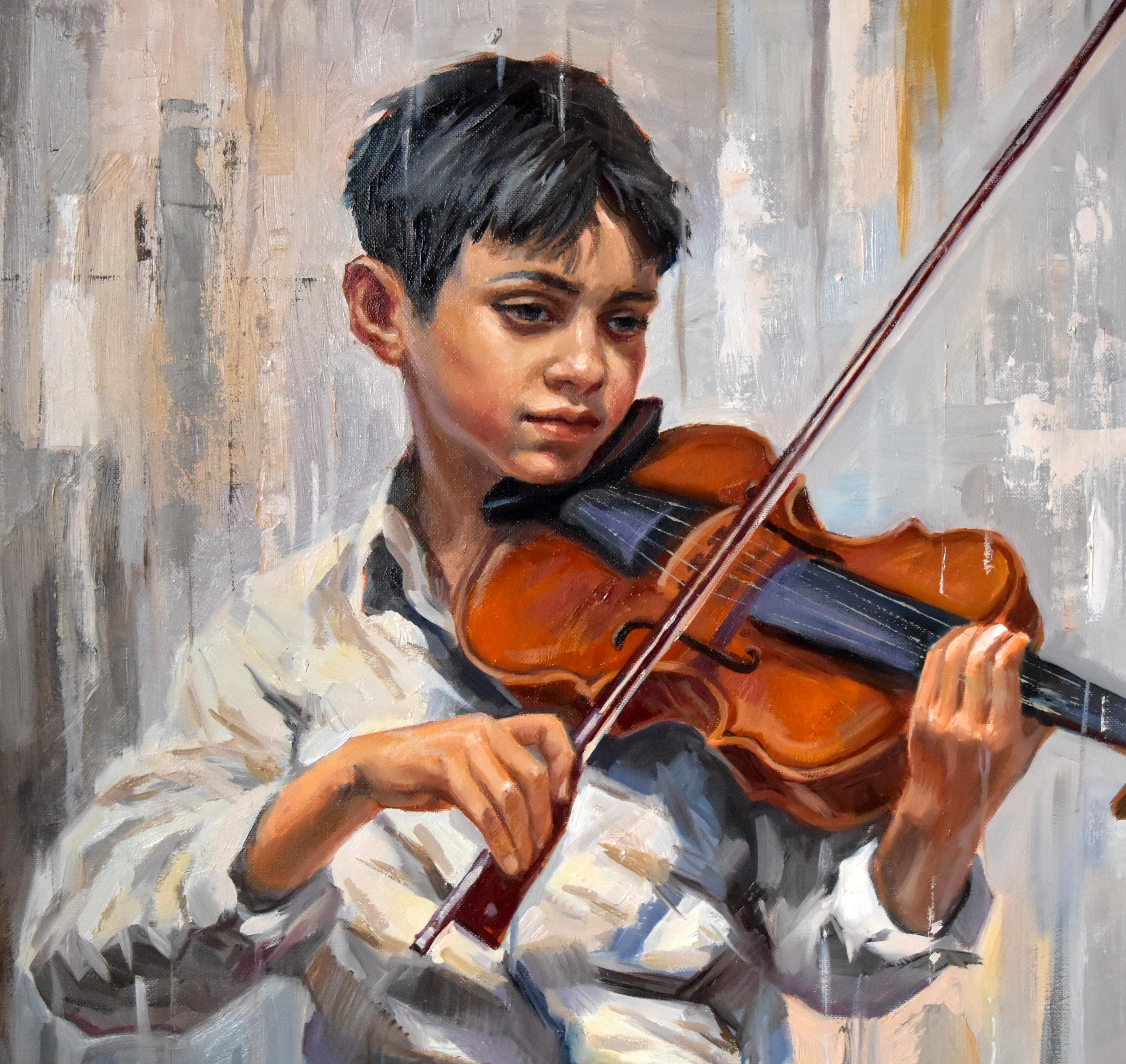 A boy with a violin - Impressionist Painting by Serghei Ghetiu